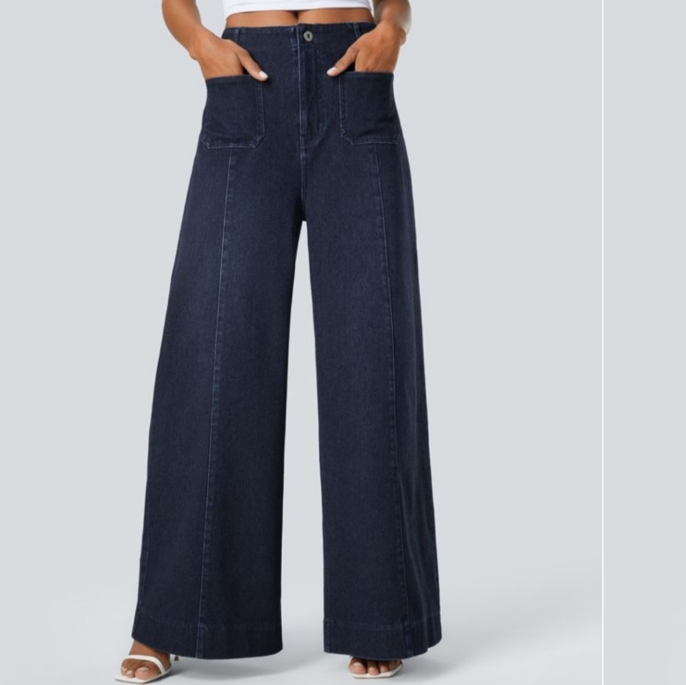 Halara Flex High Waisted Pockets Washed Casual Wide Leg Jean